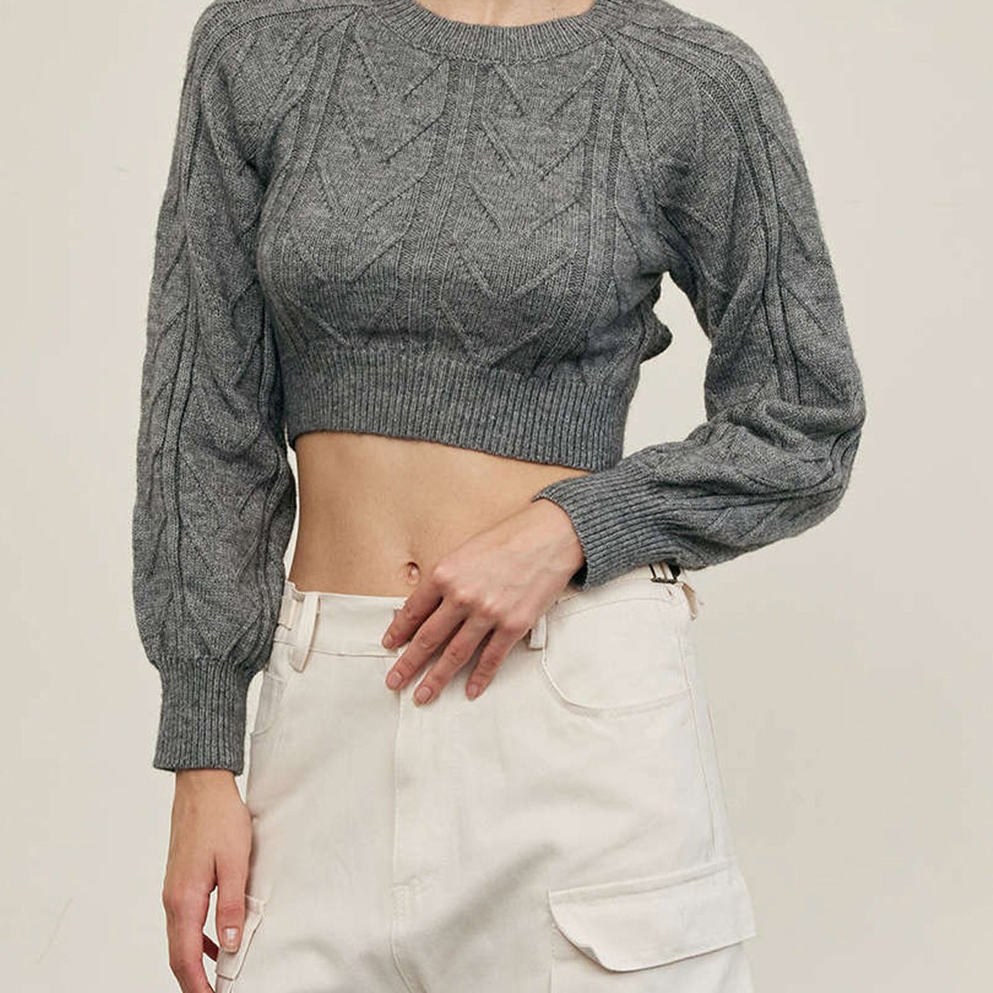 Women'S Acrylic Blend Cable Knit Pullover with Bow Detail, Crew Neck, Long Sleeve Crop Top for Fall\u002FWinter - Chic Solid Color Knitwear