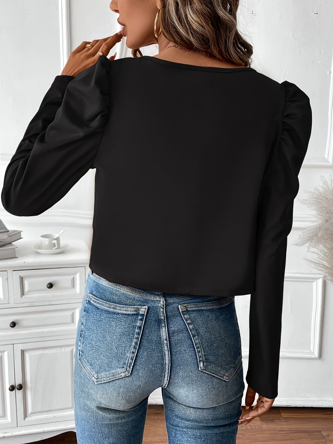 Women'S Elegant Black Zip-Up Jacket with Puffed Sleeves - Casual Long Sleeve, Solid Color, Button Detail, Perfect for Casual Attire, Casual Wear Jacket | Puffed Sleeve Jacket | Zippered Jacket