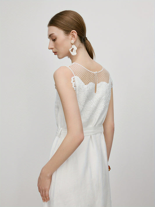 Elegant Midi Dress FSLE Elegant White Linen-Look Sleeveless Midi Dress | Summer 2025 Collection, Casual Yet Chic Design for Spring\u002FSummer, Ruffled Hem with Lace Detailing