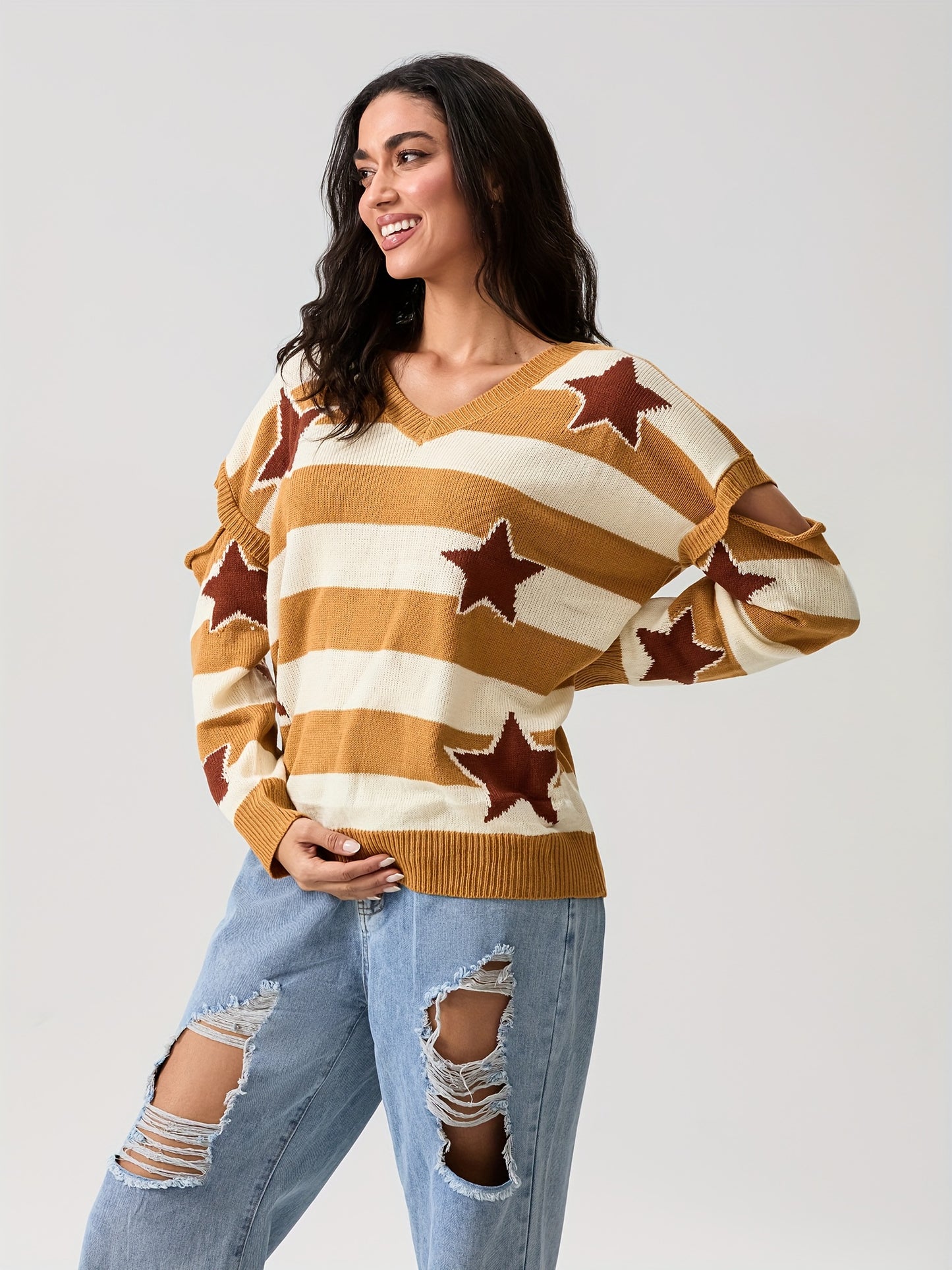 Vintage Style Women'S Knit Pullover Sweater, Crew Neck, Striped and Star Pattern, Long Sleeve, with Fake Button Detail, for Fall Season Warm Knit Fabric