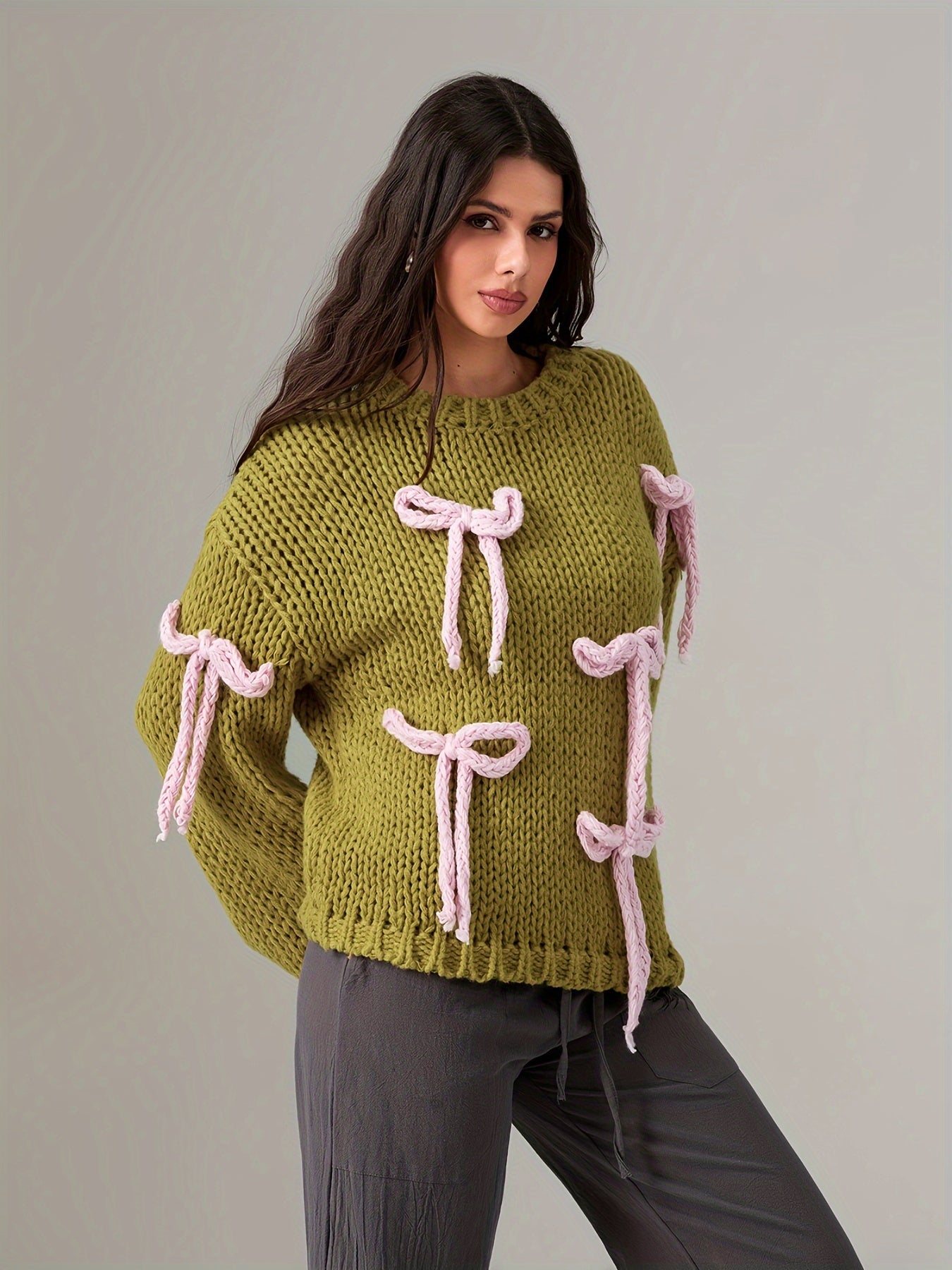 Women'S Crewneck Knit Sweater with 3D Bow Detail - Casual Polyamide Pullover for Fall\u002FWinter, Solid Color Long Sleeve Knitwear