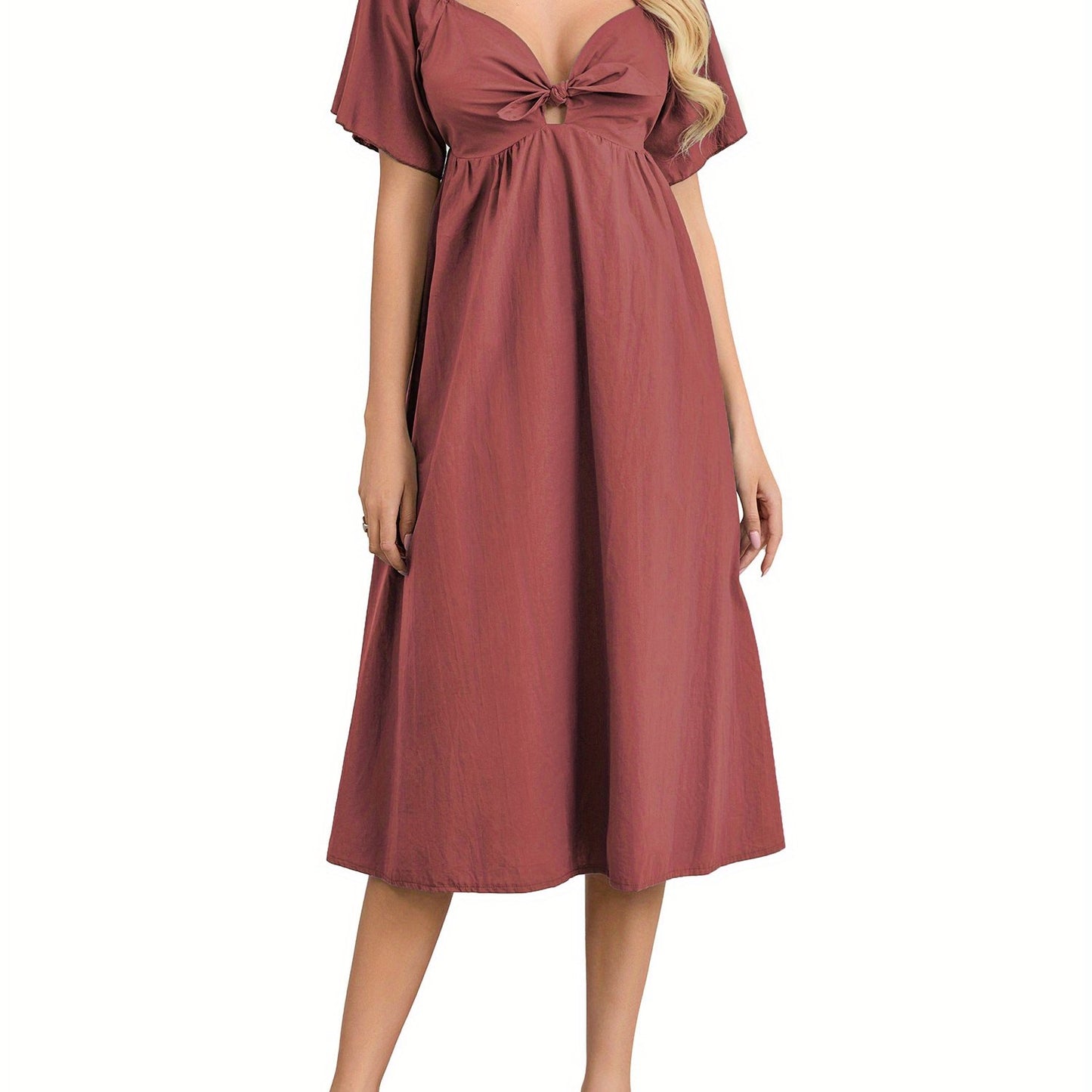 1pc Elegant Women'S Midi Dress - Sexy Square Neckline, Knotted V-Neck Detail, Ruched Short Sleeves, A-Line Silhouette, Polyester Woven Fabric, Solid Color, Versatile for All Seasons