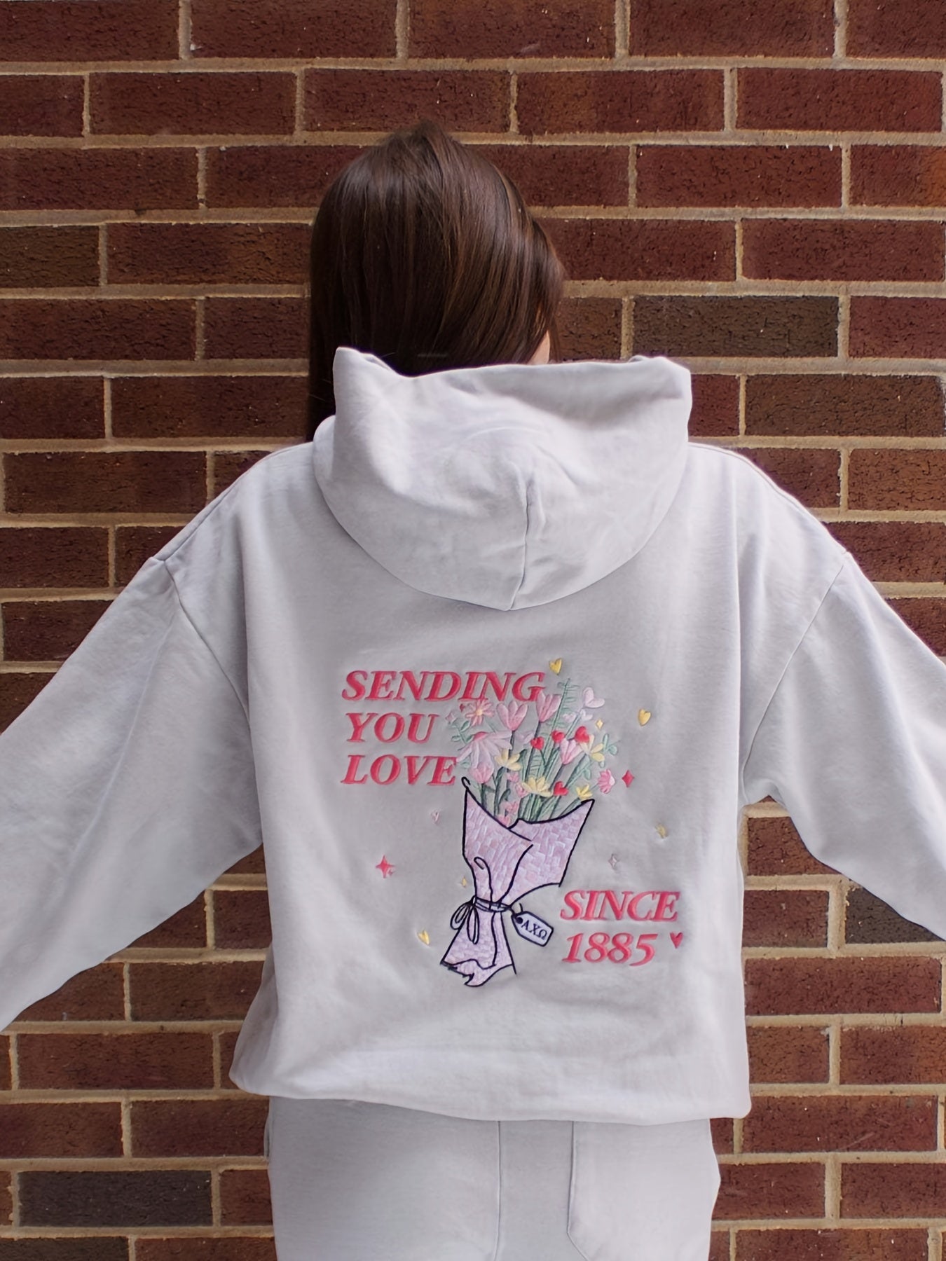 1pc Y2K Style Women'S Oversized Hoodie with Floral Letter Embroidery, Long Sleeve Polyester Hooded Sweatshirt with Pocket, Geometric Pattern, Autumn\u002FWinter Collection
