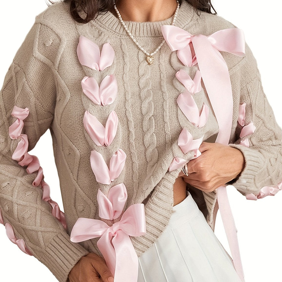Women'S Ribbon Sweater Cute Round Neck Long Sleeve 3D Bow Cable Knit Pullover Sweater for Fall Winter