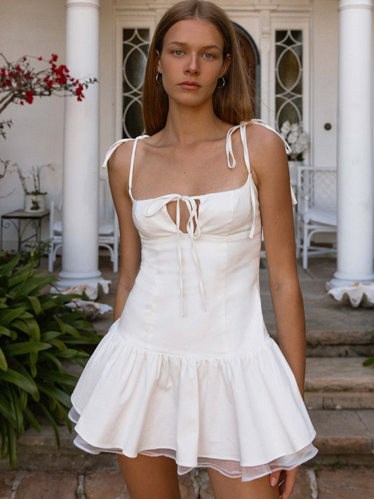 Women'S Dress Sexy Square Neck Thin Shoulder Strap Front Thin Chest Strap Sleeveless Layered Pleated Bottom A-Line Mini Dress