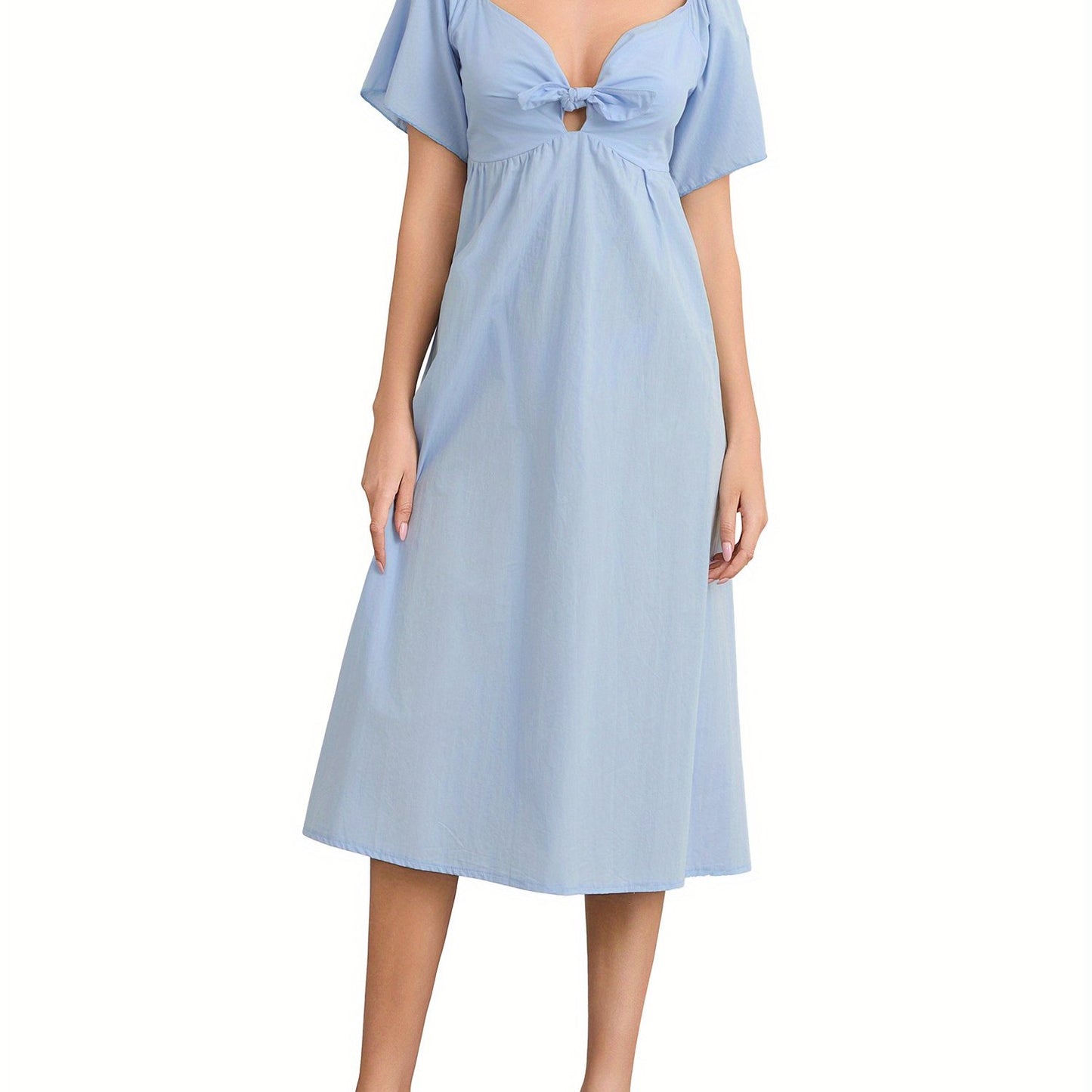1pc Elegant Women'S Midi Dress - Sexy Square Neckline, Knotted V-Neck Detail, Ruched Short Sleeves, A-Line Silhouette, Polyester Woven Fabric, Solid Color, Versatile for All Seasons