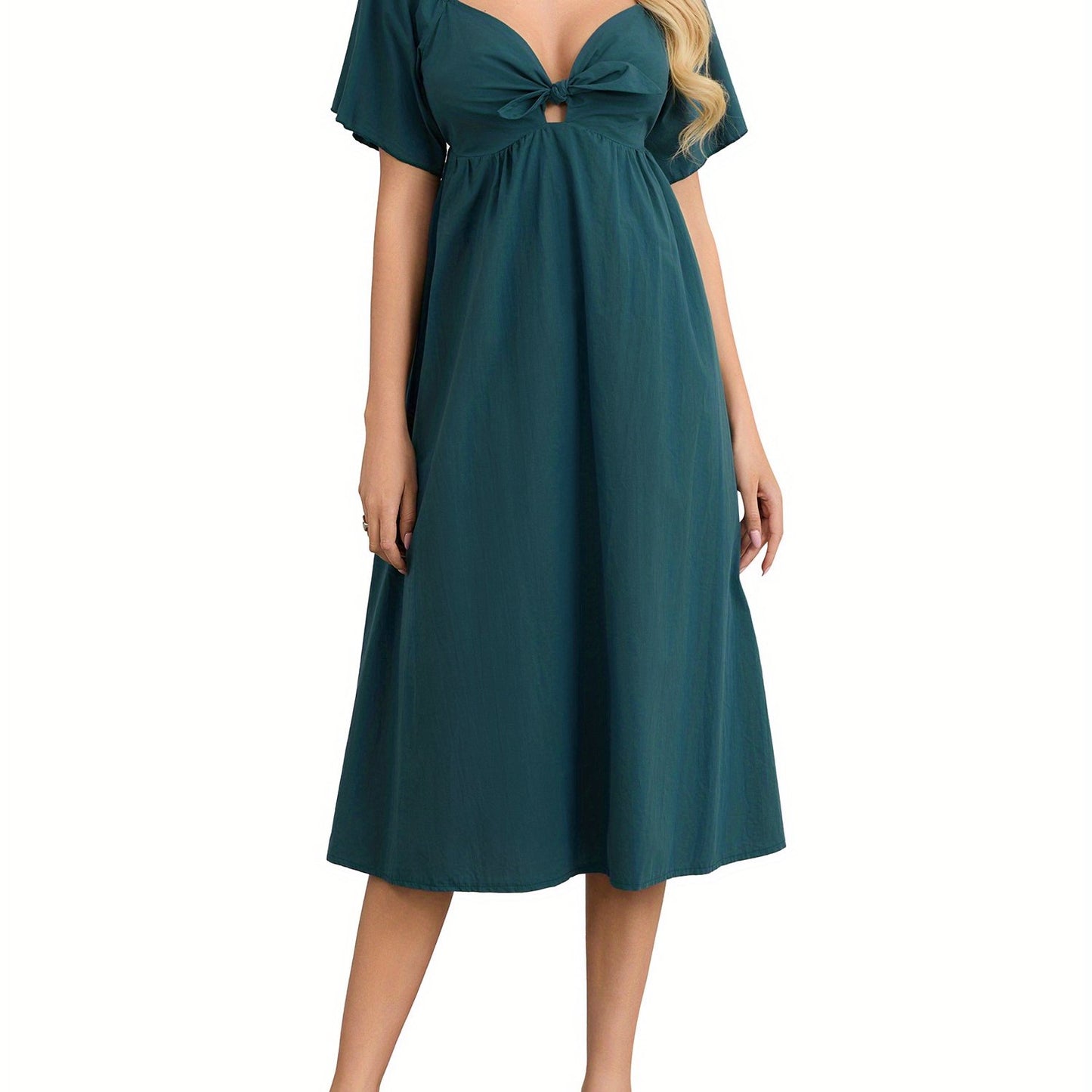 1pc Elegant Women'S Midi Dress - Sexy Square Neckline, Knotted V-Neck Detail, Ruched Short Sleeves, A-Line Silhouette, Polyester Woven Fabric, Solid Color, Versatile for All Seasons