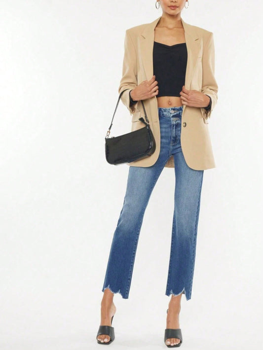 Women's Casual Jeans Fashion High-Waist Raw Hem Crop Straight-Leg Denim Pants Medium Blue Button And Zipper Closure Slim Fit Ankle Length Great For Spring\u002FSummer\u002FFall Daily Wear