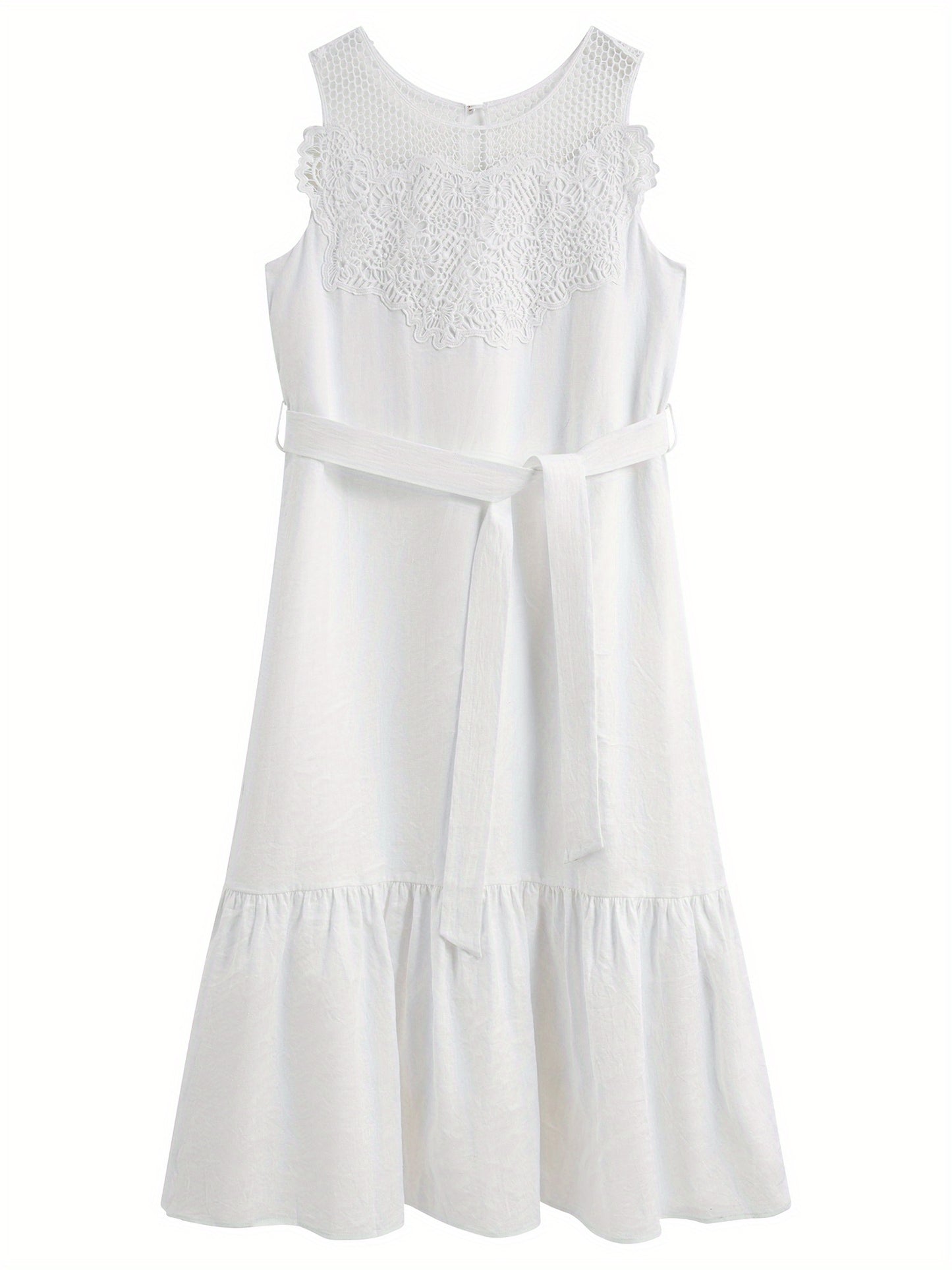 Elegant Midi Dress FSLE Elegant White Linen-Look Sleeveless Midi Dress | Summer 2025 Collection, Casual Yet Chic Design for Spring\u002FSummer, Ruffled Hem with Lace Detailing