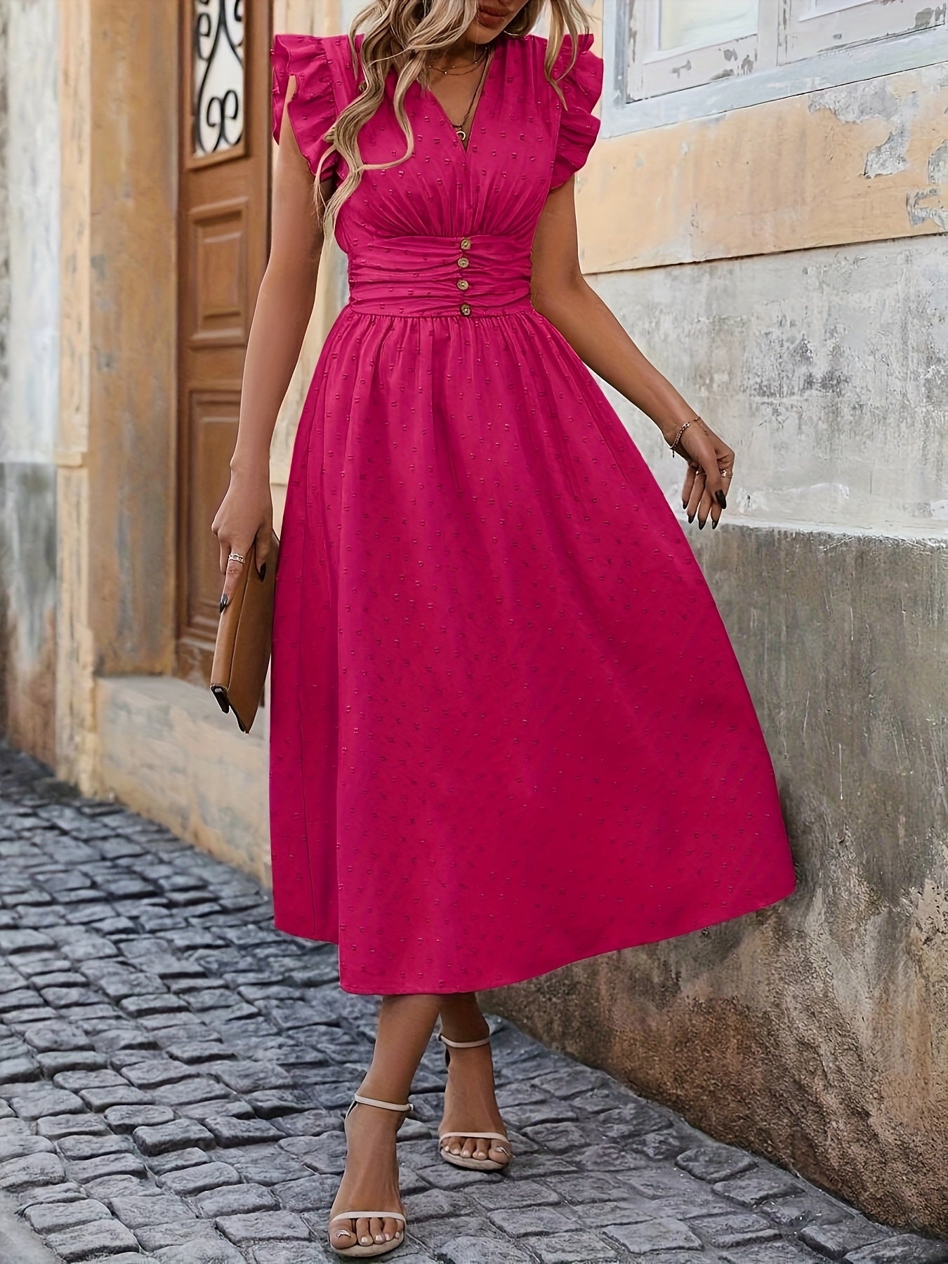 Women's Bohemian V-Neck Sleeveless Midi Dress - High Waist Ruched Detail, Vibrant Pink, Machine Washable Summer Casual & Party Dress for Women, Event Attire, Elegant Design, Flowy Skirt Style