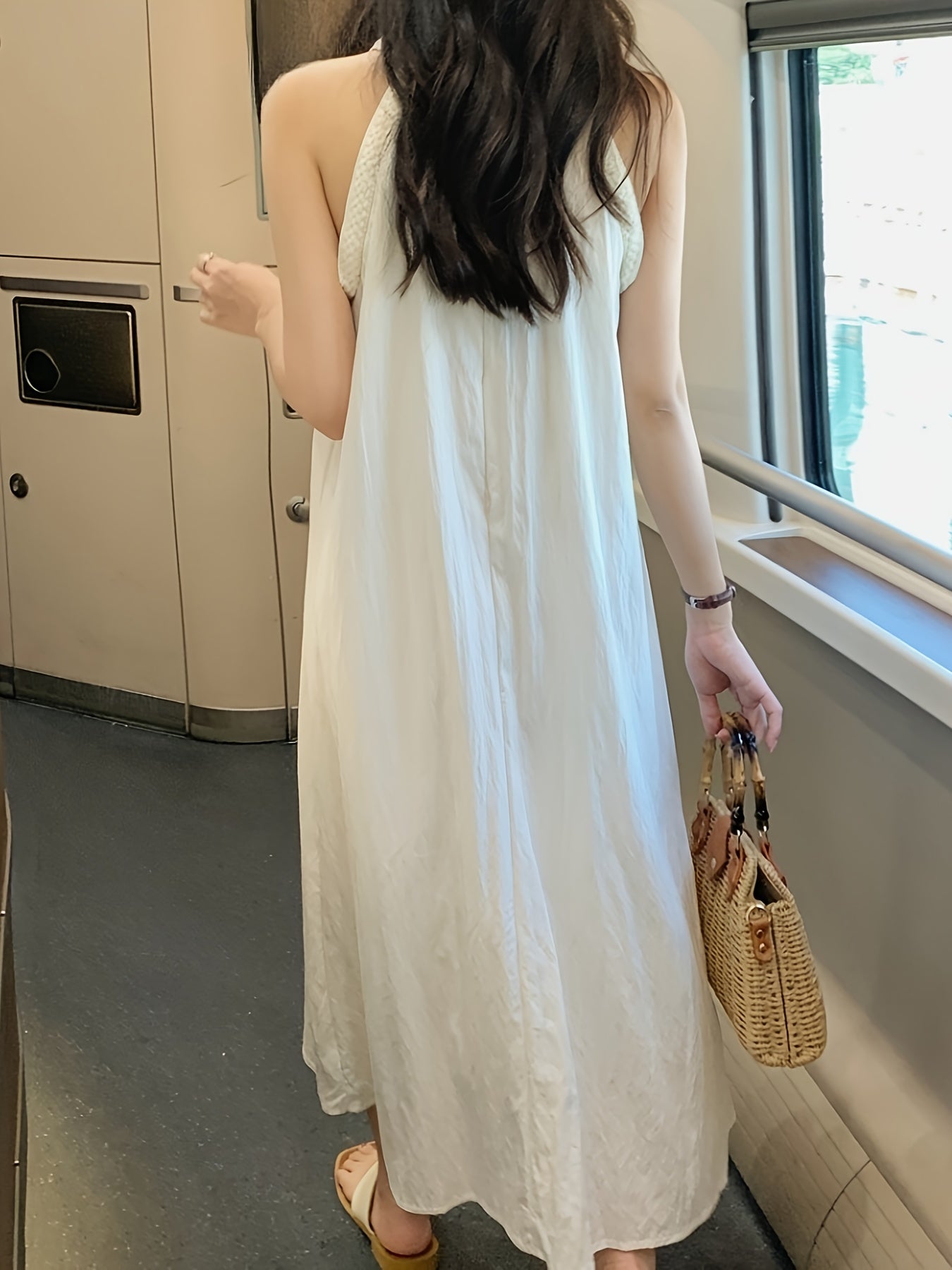 Beige Summer Dress Beige Plus Size Sleeveless Halter Neck Dress | Flowy Maxi Dress with Frill Detail - Perfect for Beach and Summer Vacation, Beach Vacation Attire, Casual Elegant Dress, Beach Clothes