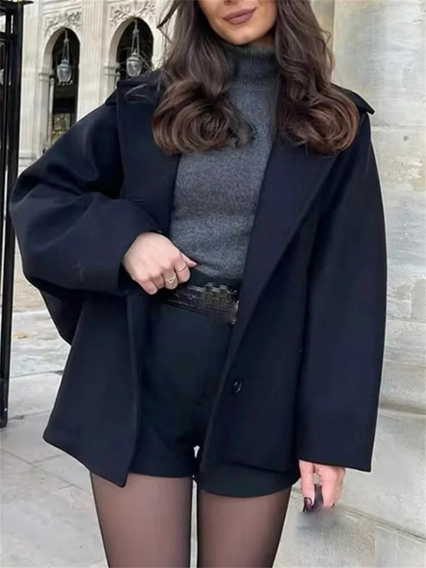 Women's Long Sleeve Plush Tie Front Button Coat - Warm Beige Lapel Collar Jacket for Fall and Winter, Casual Office & Streetwear, Machine Washable Polyester Outerwear, Fall Fashion Wear | Doublebreasted Coat | Polyester Fabric