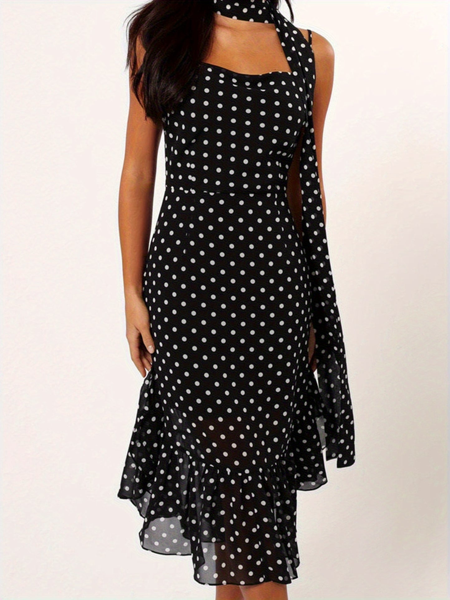 Women Summer Spaghetti Strap Dress Casual Dot Print Ruffle Party Dress and Scarf for Vacation Beach Streetwear