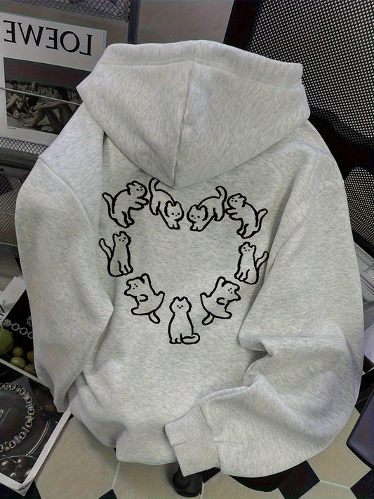 Women's Cozy Hoodie - Light Grey Sweatshirt with Heart-Shaped Cute Cats, Kangaroo Pocket & Soft Lining - All-Season Casual Pullover for Everyday Lounge Outfits - Machine Washable Women's Clothing Gift for Pet Lovers, Cute Hoodies