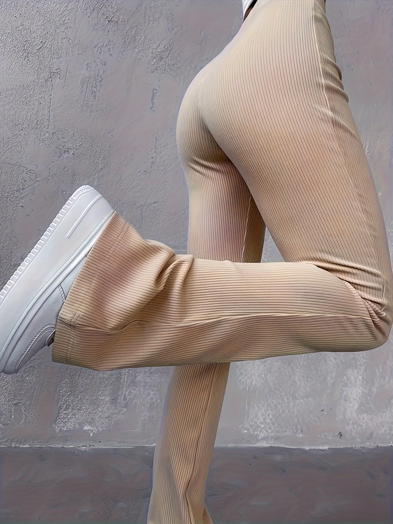 Casual Ribbed Simple Slim Leggings Solid Color High Waist Fashion Trousers