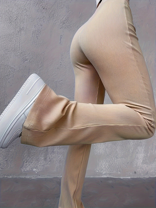 Casual Ribbed Simple Slim Leggings Solid Color High Waist Fashion Trousers