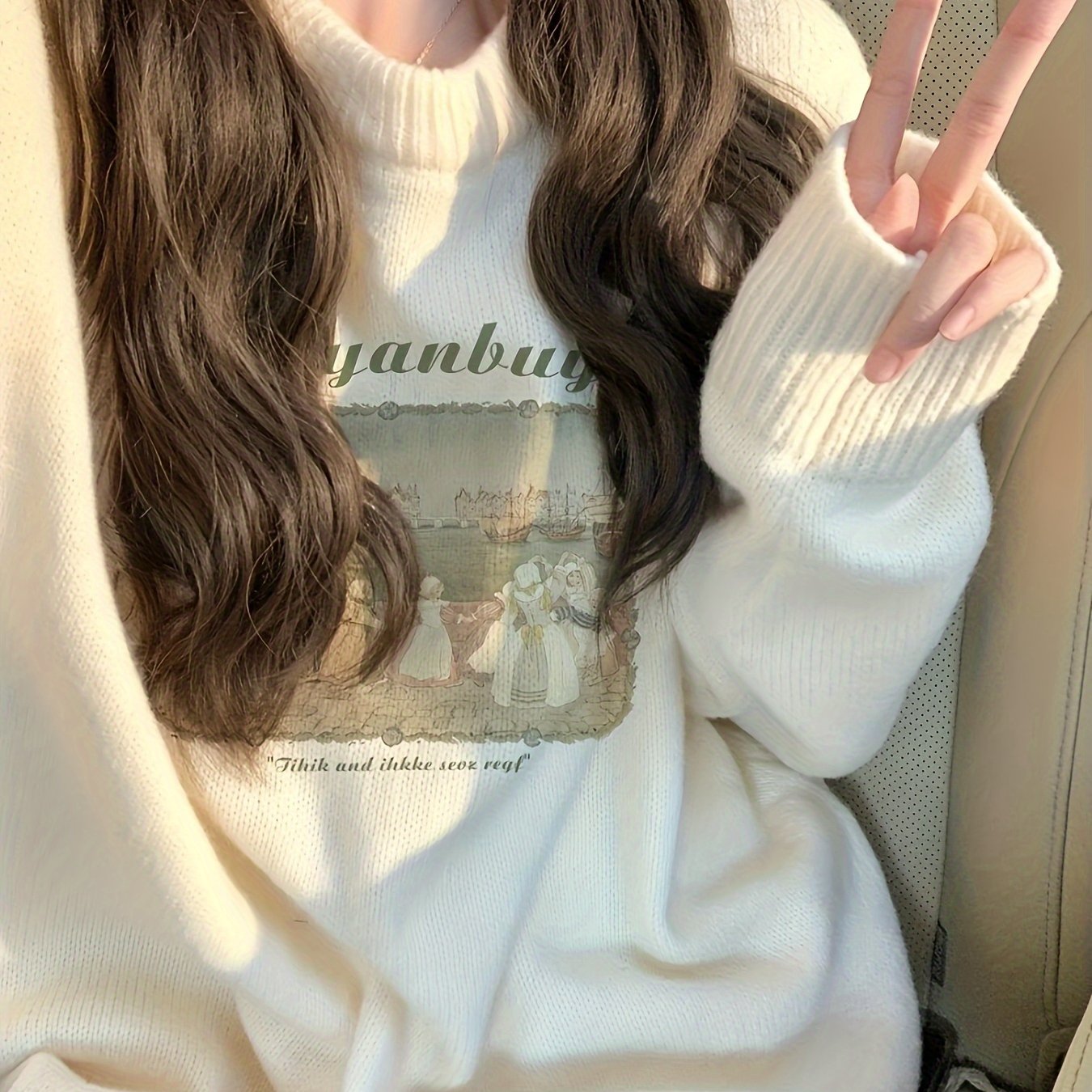 Cute Sweater Soft Cartoon Print Women's Sweater | Long Sleeve Round Neck Ribbed Trim Top, Medium Stretch Spring\u002FFall Casual Wear, Hand Wash\u002FDry Clean
