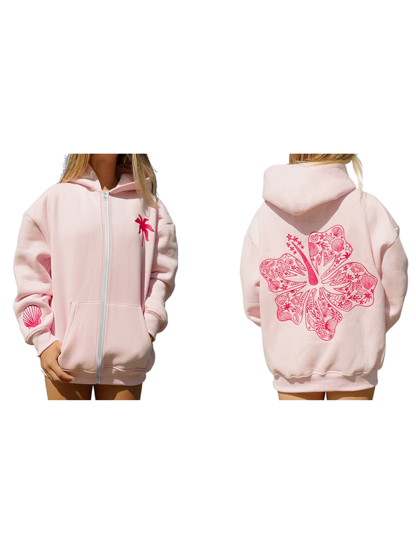 Women'S Loose Hoodies Shell Embroidered Zip-Up Hooded Long Sleeve Sweatshirts Fall Winter Casual Coat