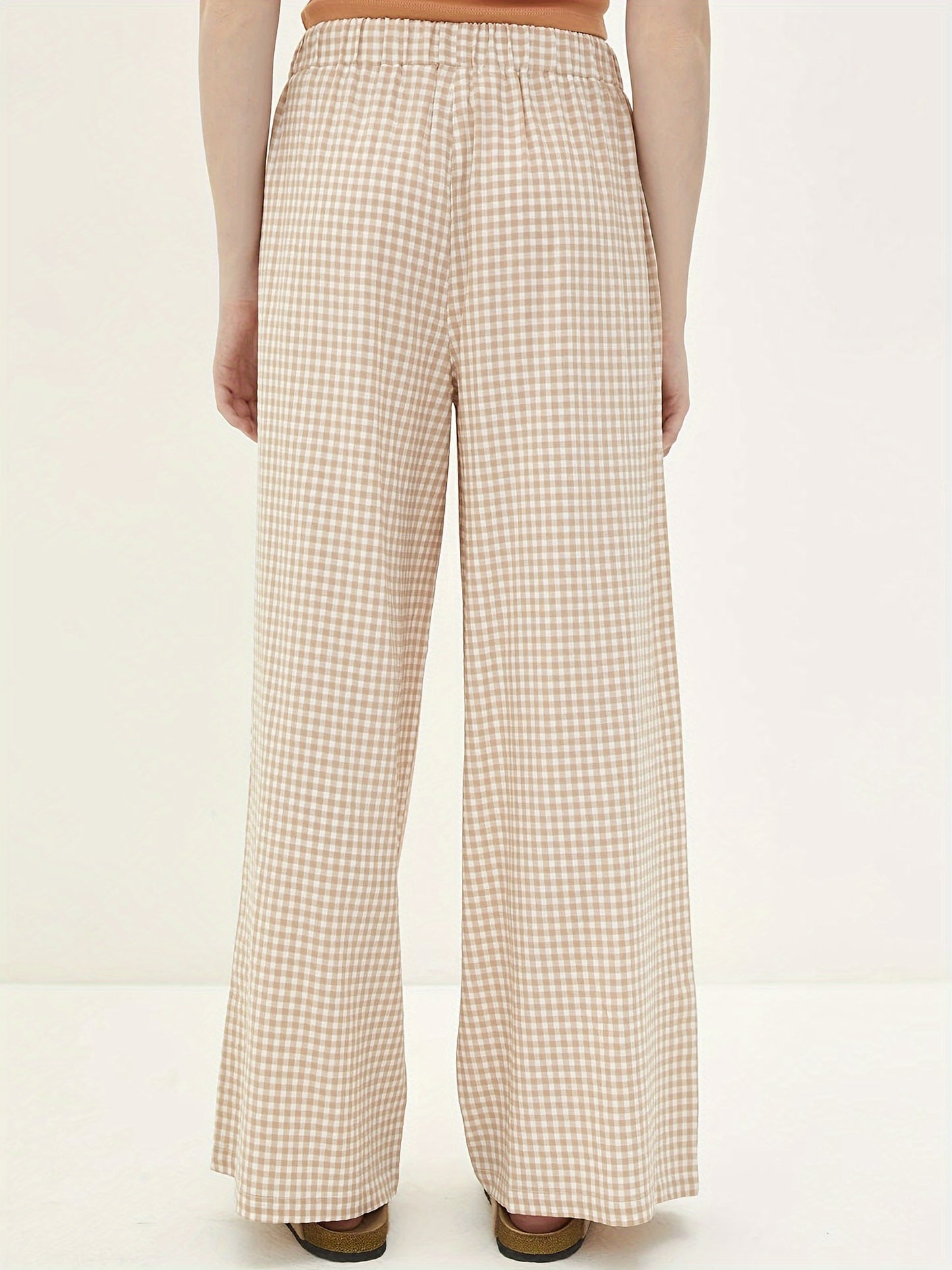 Elegant Wide Leg Palazzo Pants for Women with Drawstring, 100% Polyester Knit Fabric, Plaid Print, All-Season Comfort, Harem Style Casual Trousers